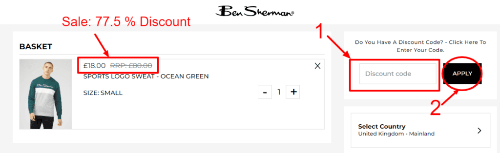 Ben Sherman UK Sale Offer. The image also demonstrates how to apply Ben Sherman UK discount code.