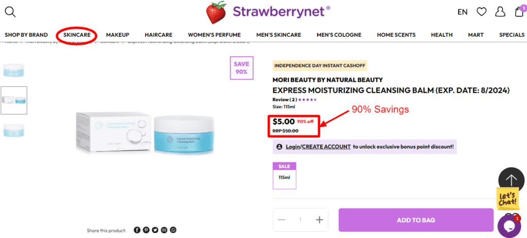 Strawberrynet USA Independence Day Instant Cashoff Offer- 90% Off On Skincare